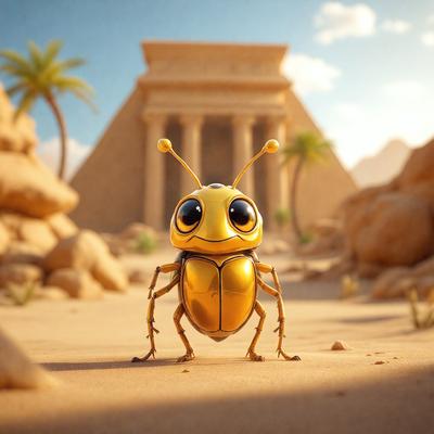 The primary subject of the image is a small yellow beetle, which is the main focus of the scene. The setting is a desert environment, with a sandy surface visible in the background. The visual style of the image is a digital art or illustration, as the beetle is depicted in a detailed and creative manner. The colors in the image are predominantly yellow, which gives the scene a warm and sunny atmosphere.